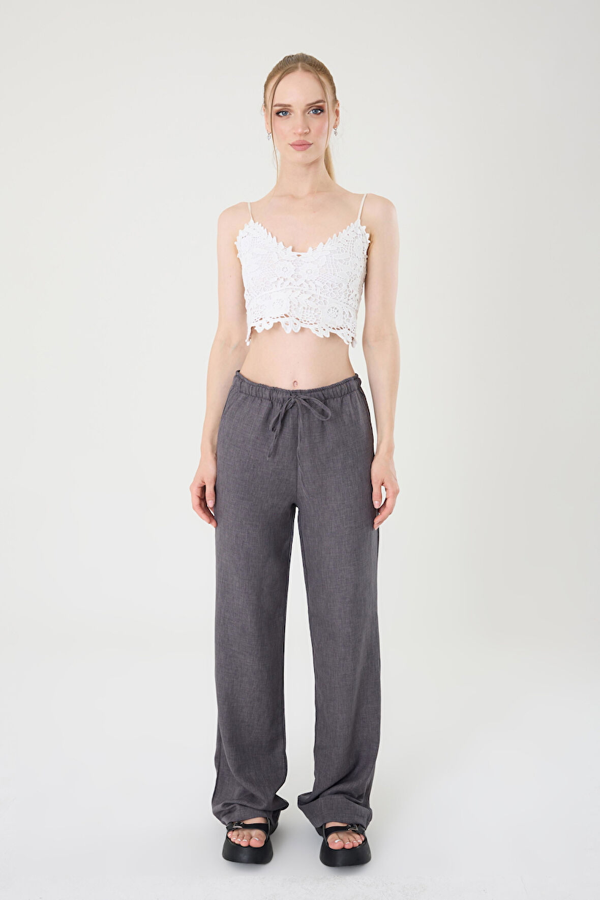 Kadın Gri Keten Karışımlı Bol Kesim Pantolon