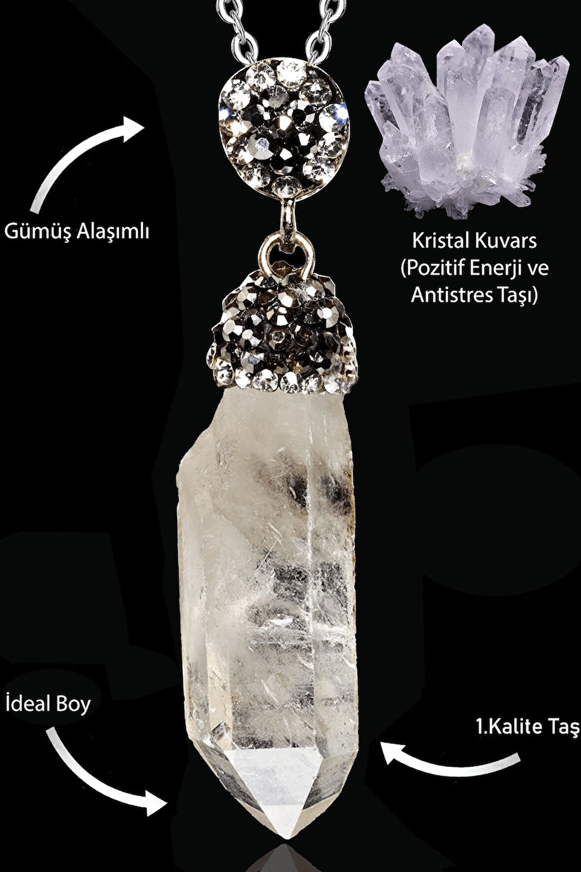 Sertifikalı Zirkon Taşlı Ham İşlenmemiş Kristal Kuvars Taşı Kolye