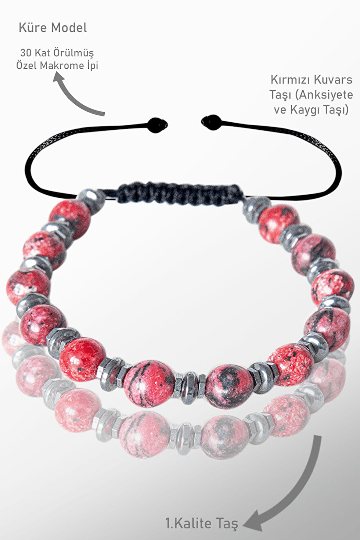 Sertifikalı Gerçek Hematit - Kırmızı Kuvars Taşı Bileklik  Ayarlamalı