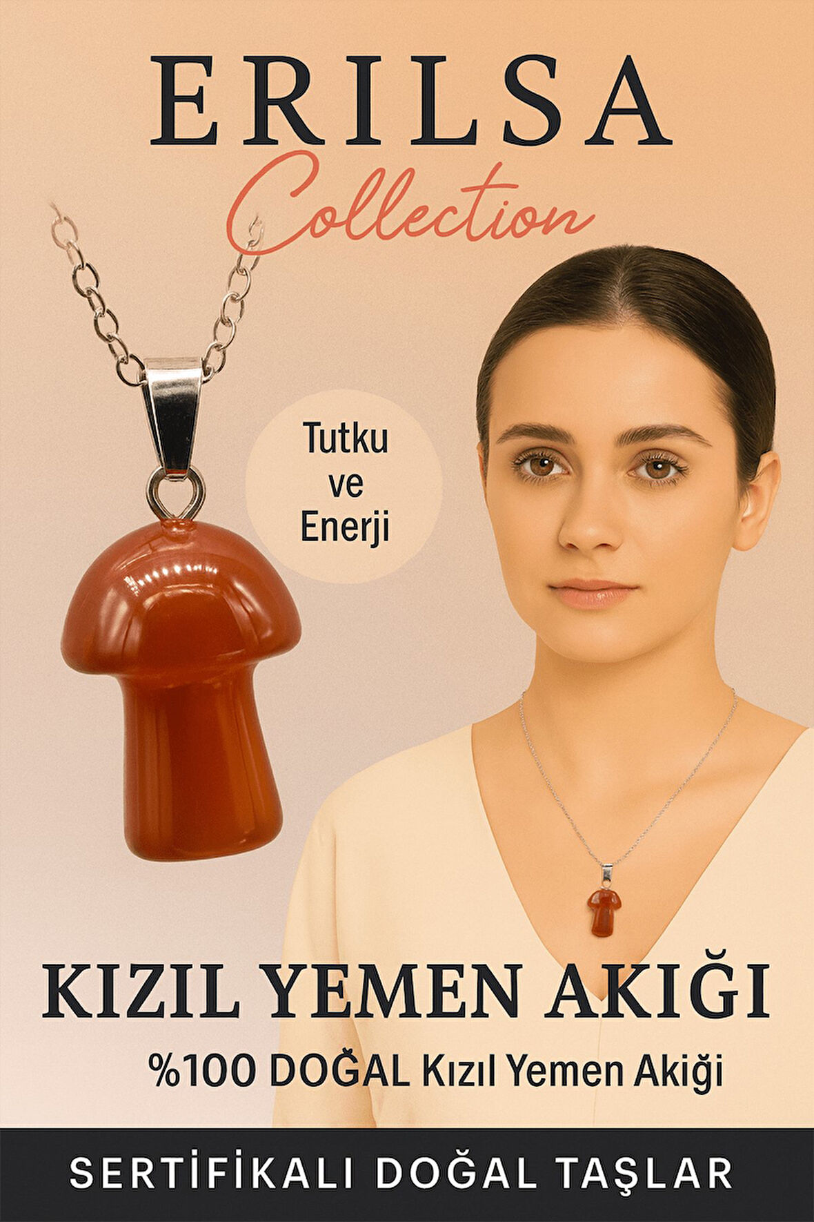 Sertifikalı Mantar Model Kızıl Yemen Akik Taşı Kolye - Tutku ve Enerji Veren Doğal Taş