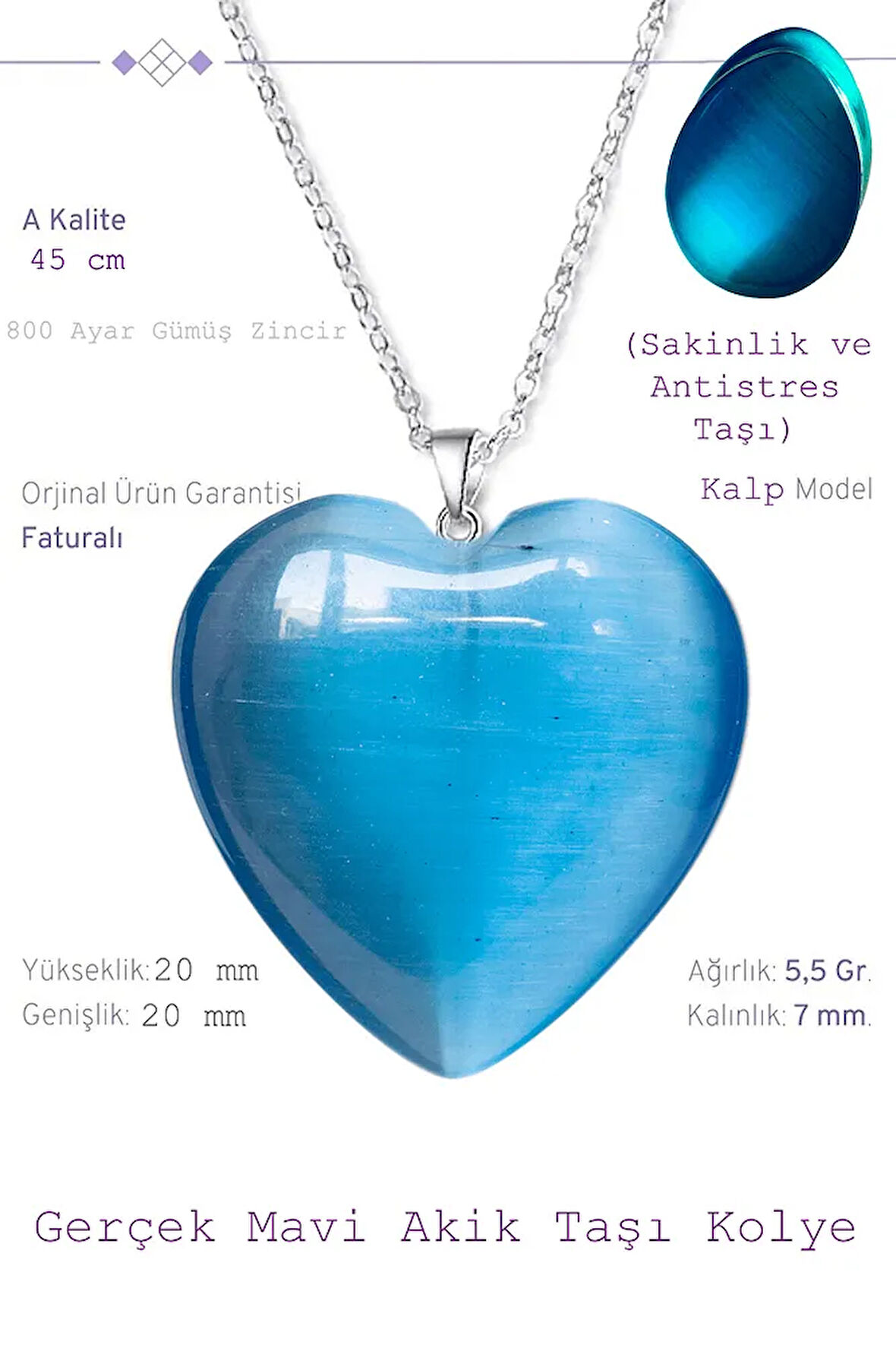 Sertifikalı Kalp Model Koyu Mavi Akik Taşı Kolye (Gümüş Aparatlı)