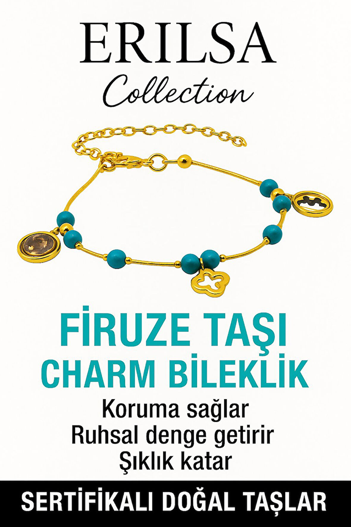 Sertifikalı Firuze Şans Charm Bileklik – Doğal Taşla Ruhsal Denge ve Koruma (Turkuaz)
