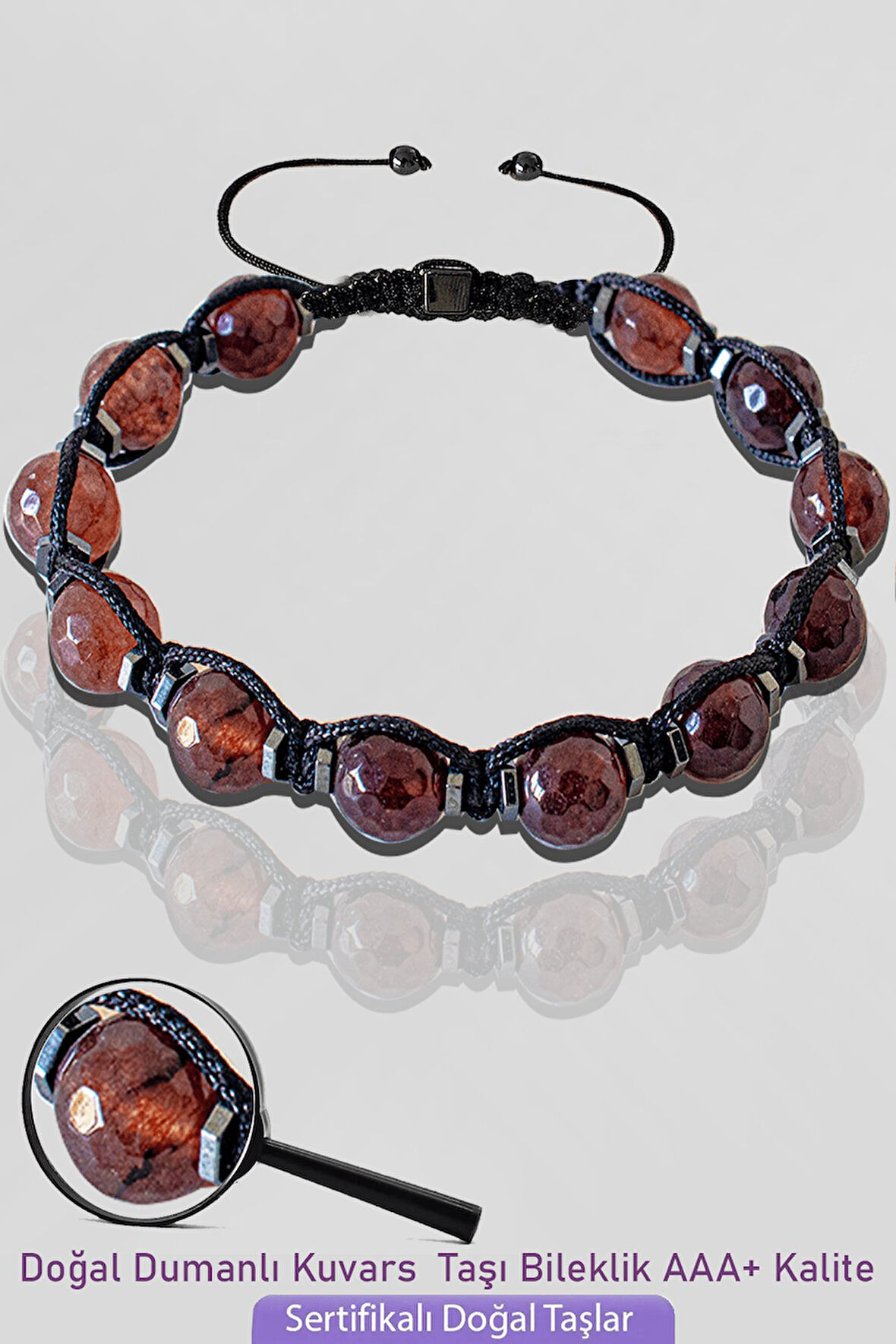 Sertifikalı Makrome Fasetli Dumanlı Kuvars Taşı Bileklik - Ayarlamalı
