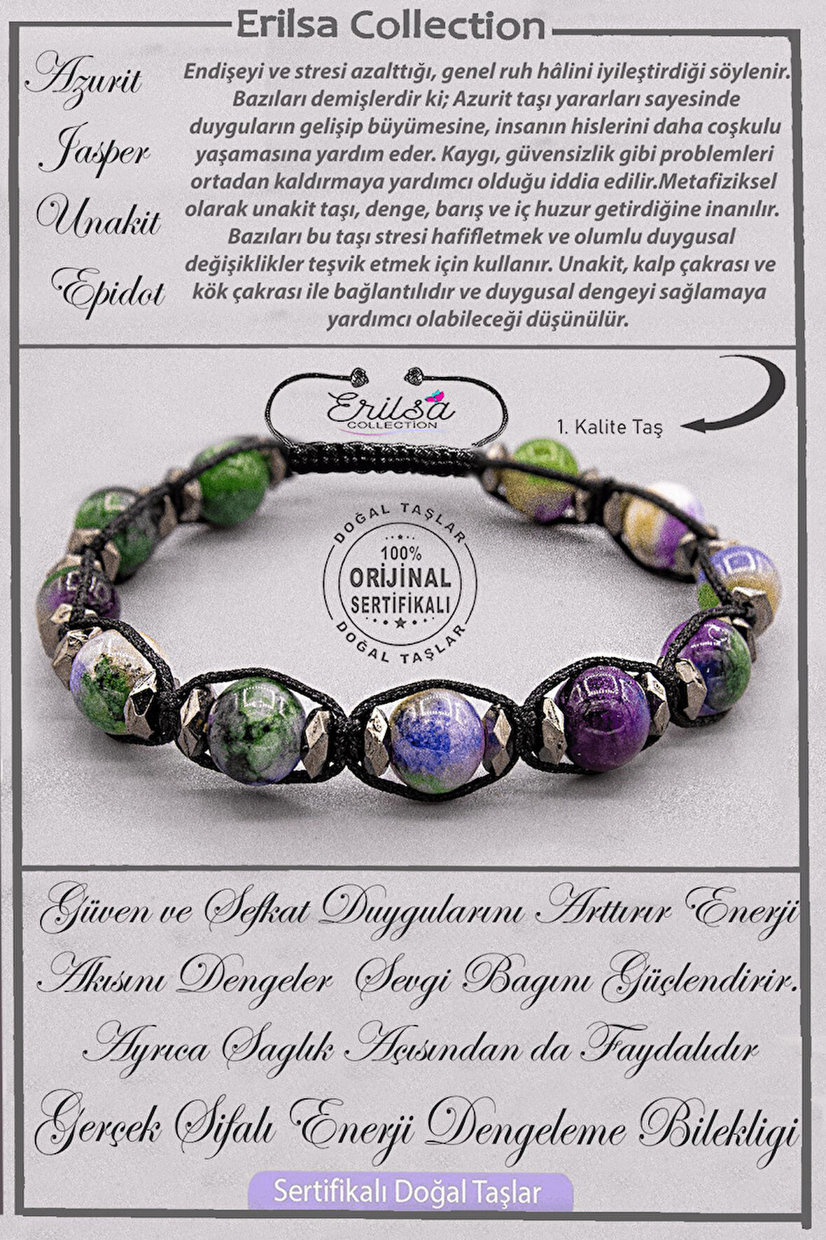 Sertifikalı AAA+ Kalite Enerji Dengeleme Ruhsal Şifa Bilekliği - Azurit Jasper Unakit Epidot