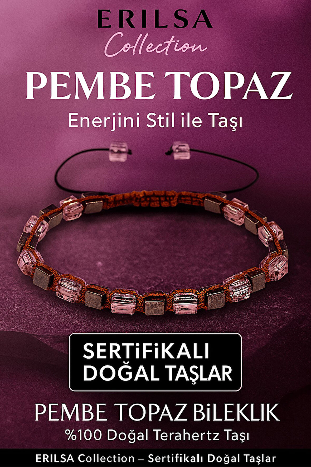 Sertifikalı Küp Kesim Terahertz - Pembe Topaz Doğal Taş Bileklik - İnce Model