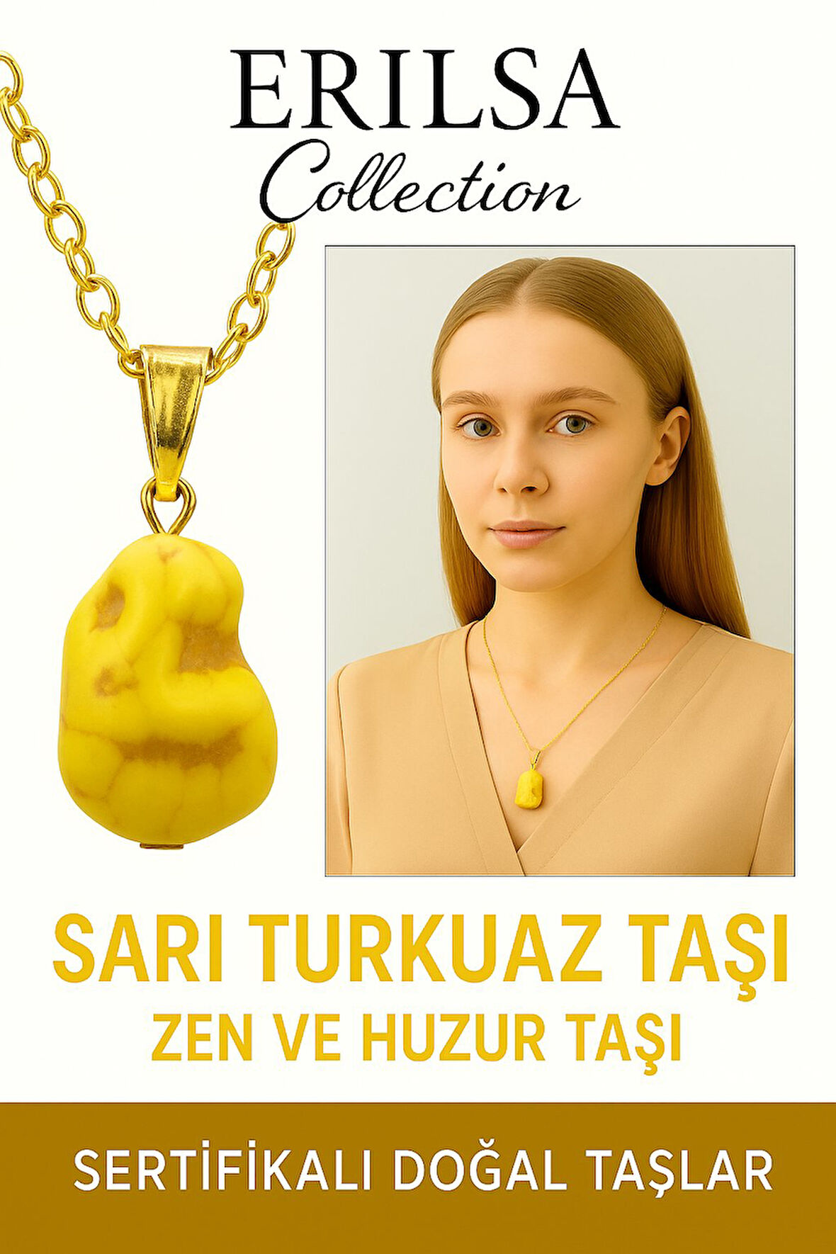 Sertifikalı Sarı Renkli Ham İşlenmemiş Sarı Turkuaz Taşı Kolye – Doğal Enerji, Şans ve Ruhsal Koruma