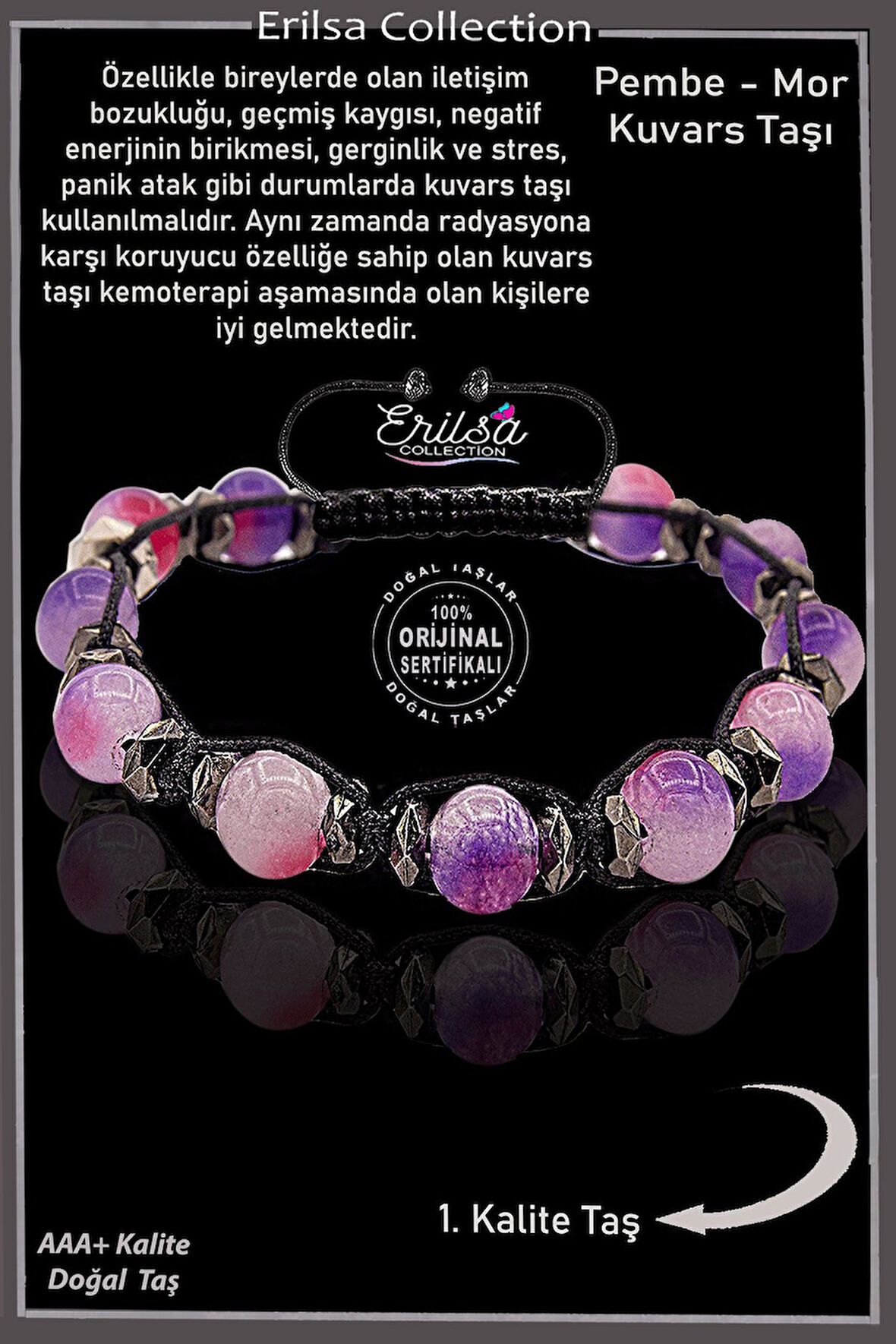Sertifikalı Gerçek AAA+ Terahertz - Pembe - Mor Kuvars Taşı Bileklik- Ayarlamalı