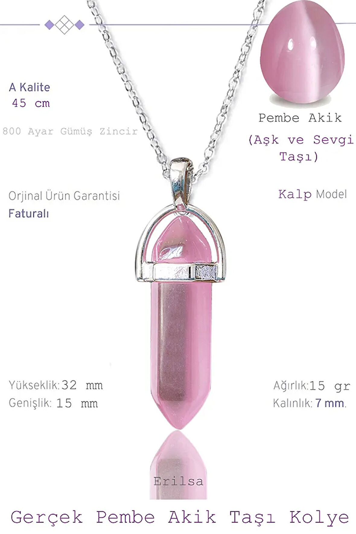 Sertifikalı Çivi Model Pembe Akik Taşı Kolye (1.Kalite)