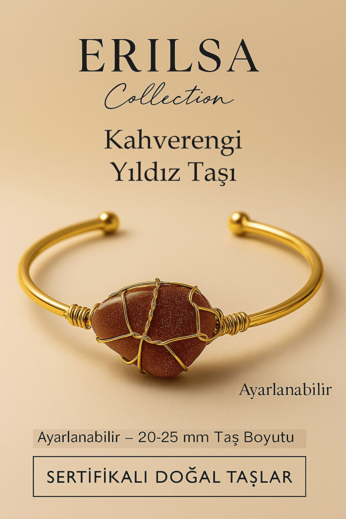 Sertifikalı Doğal Kahverengi Yıldız Taşı Ayarlanabilir 24K Altın Kaplama Bileklik 20-25 mm