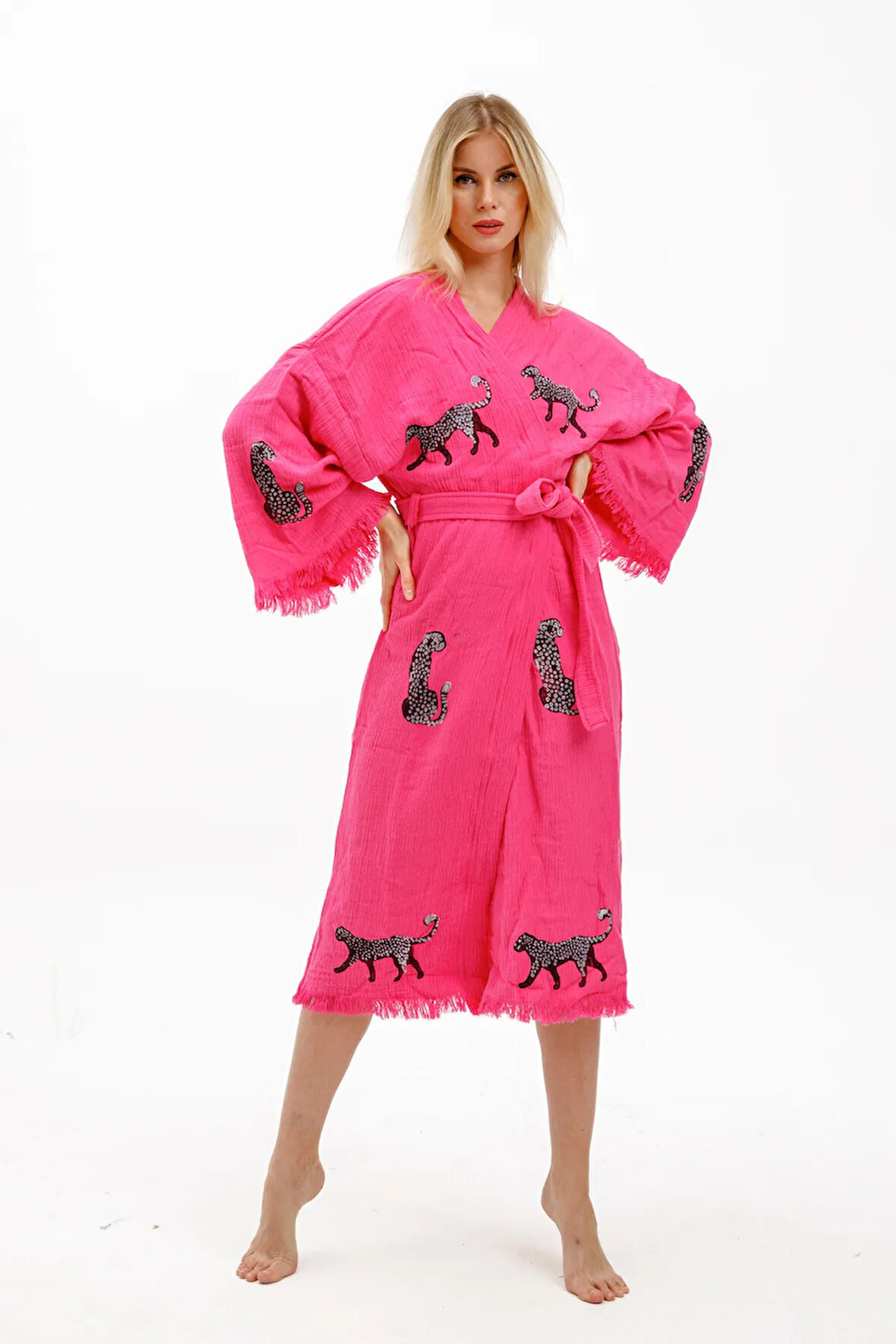 Müslin Kimono %100 Pamuklu Leopar Baskılı Desenli Bornoz Kaftan Sabahlık