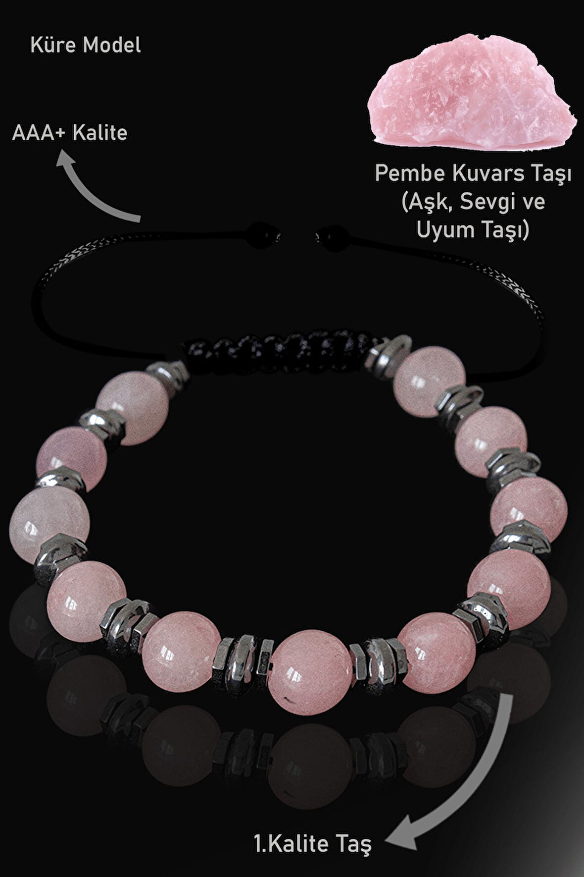 Sertifikalı Gerçek Hematit - Pembe Kuvars Taşı Bileklik