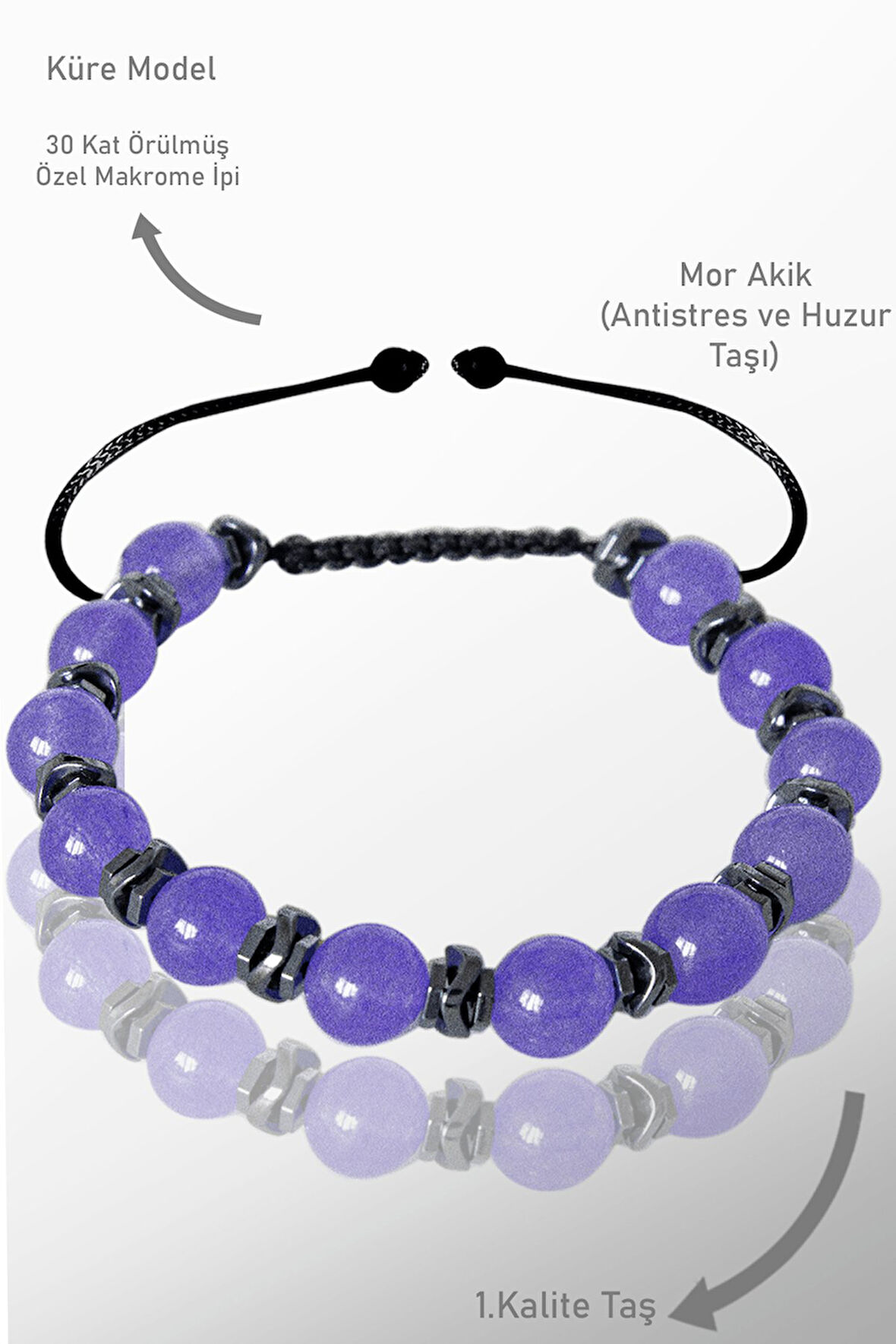 Sertifikalı Gerçek Hematit - Mor Akik Taşı Bileklik