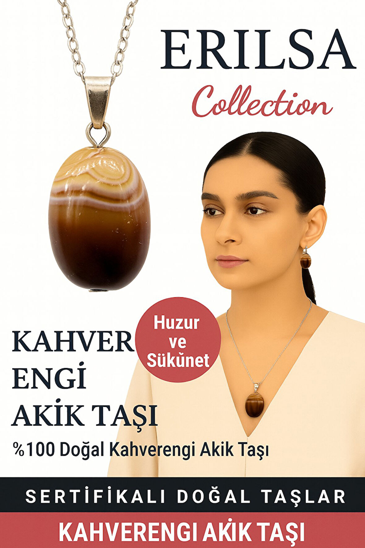 Sertifikalı Kahverengi Akik Doğal Taş Kolye – Huzur Sükunet Denge ve Koruma Taşı