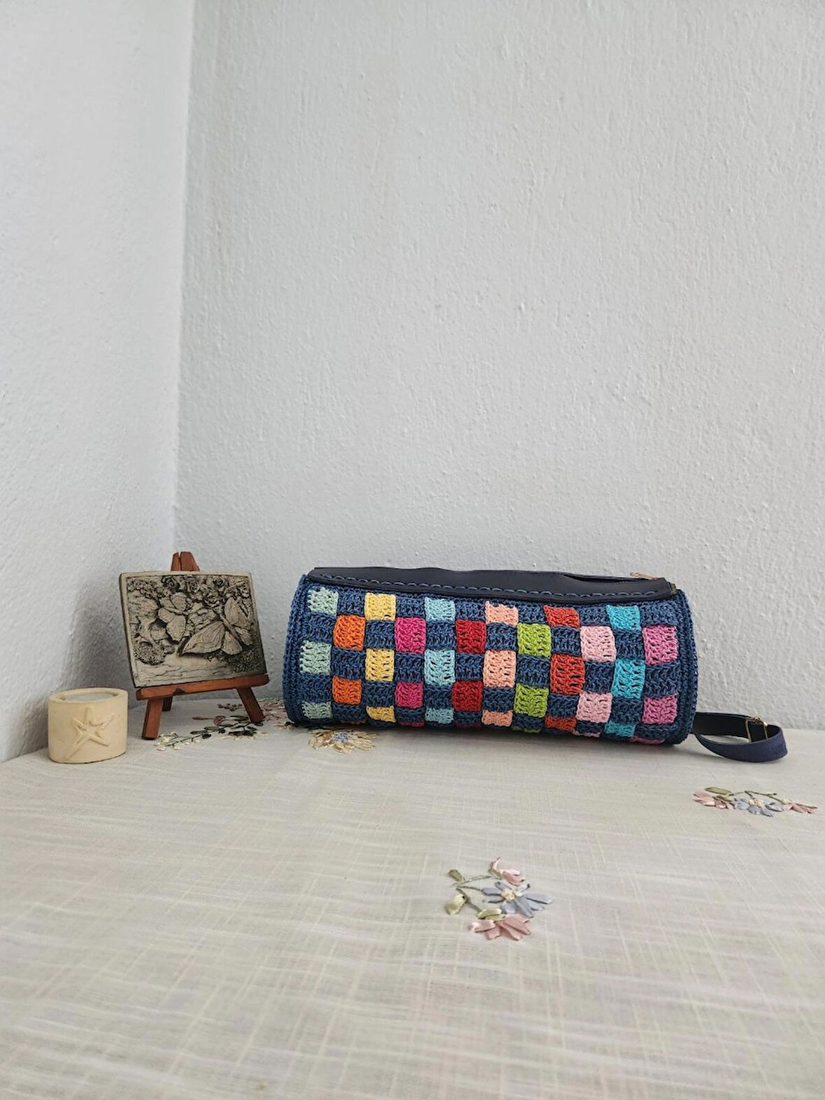 Bowling Bag, Sepet Örgü, Silindir, Kadın Omuz Çantası Çok Renkli