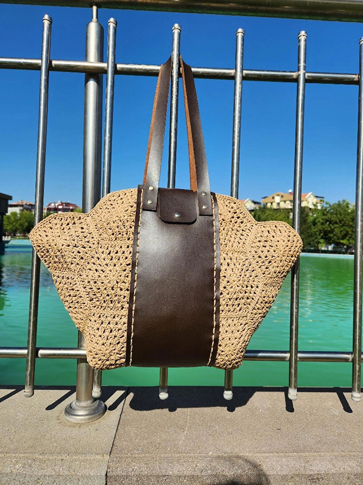 Bal Peteği Motifli, Kahverengi Deri Detaylı, Kadın Omuz Çantası  Ham