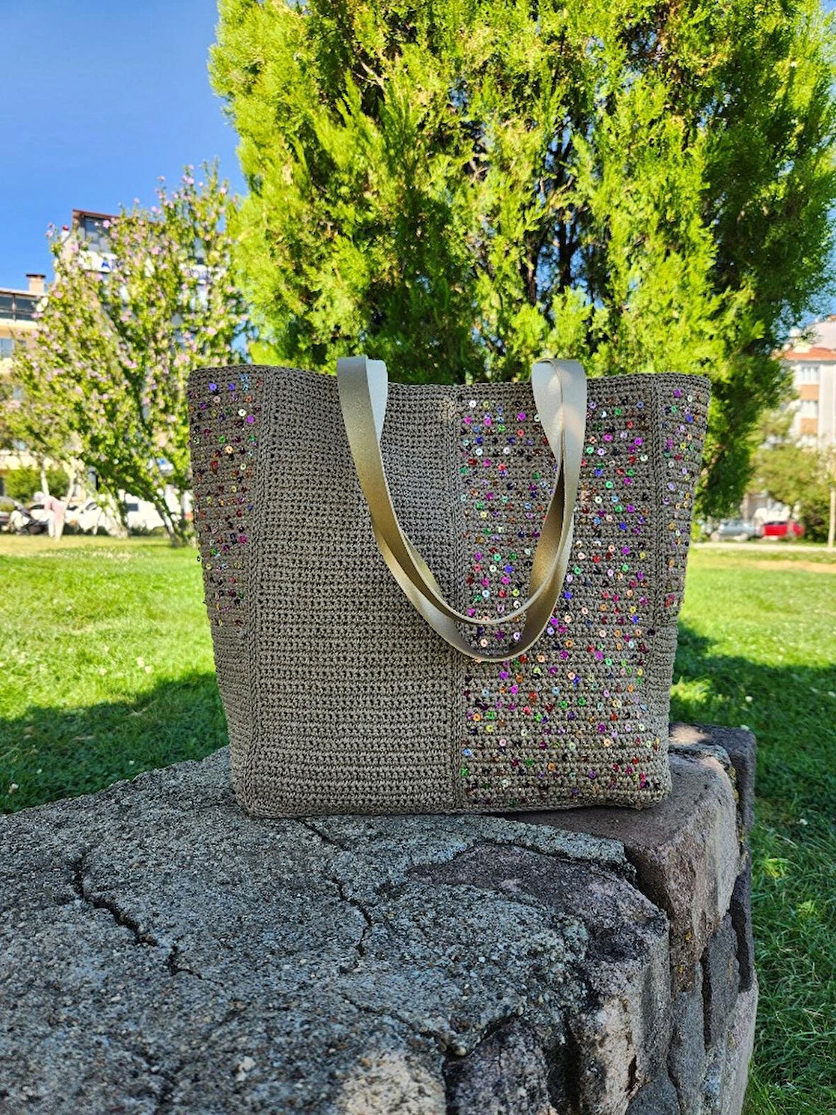 Pullu,  Vizon, Kağıt İp, Büyük Boy, Kadın Omuz Çantası