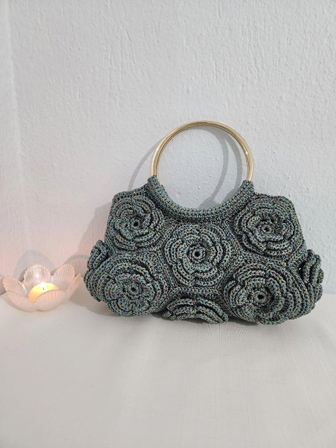 Gül Motifli, Çağla Yeşili,, Işıltılı, Kadın El Çantası Yeşil