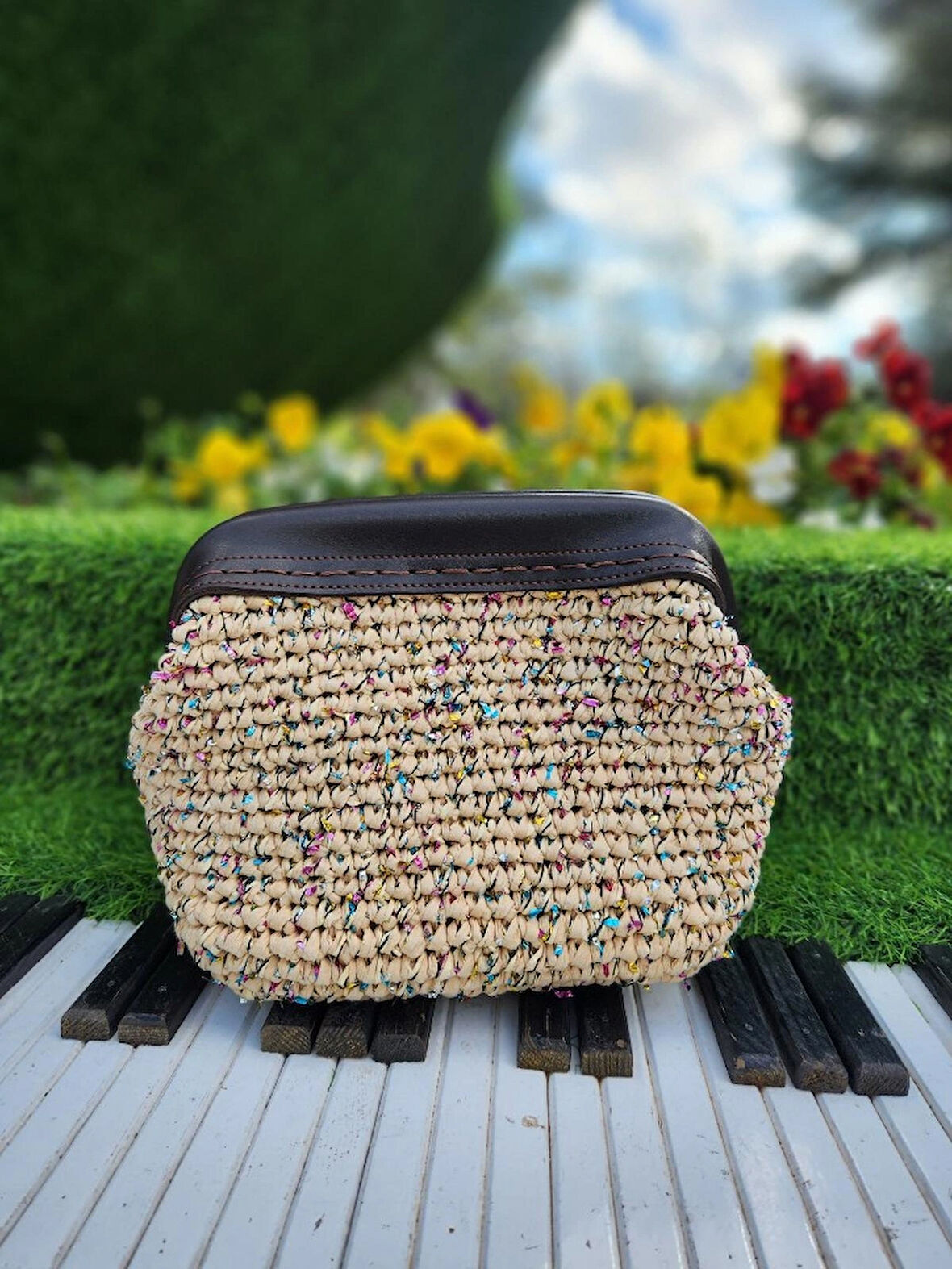 Deri Burslu,organik Rafya-konfetili Kağıt İp, Kadın El Çantası Ham