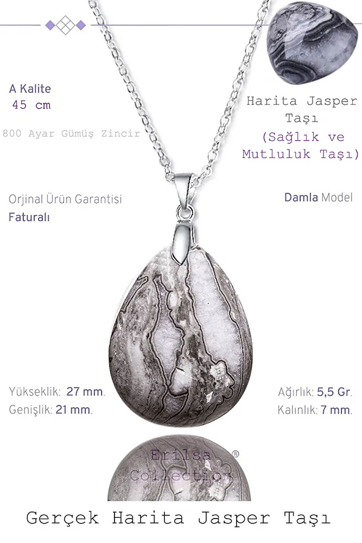 Sertifikalı Damla Model Desenli Harita Jasper Taşı Kolye (GÜMÜŞ APARATLI)