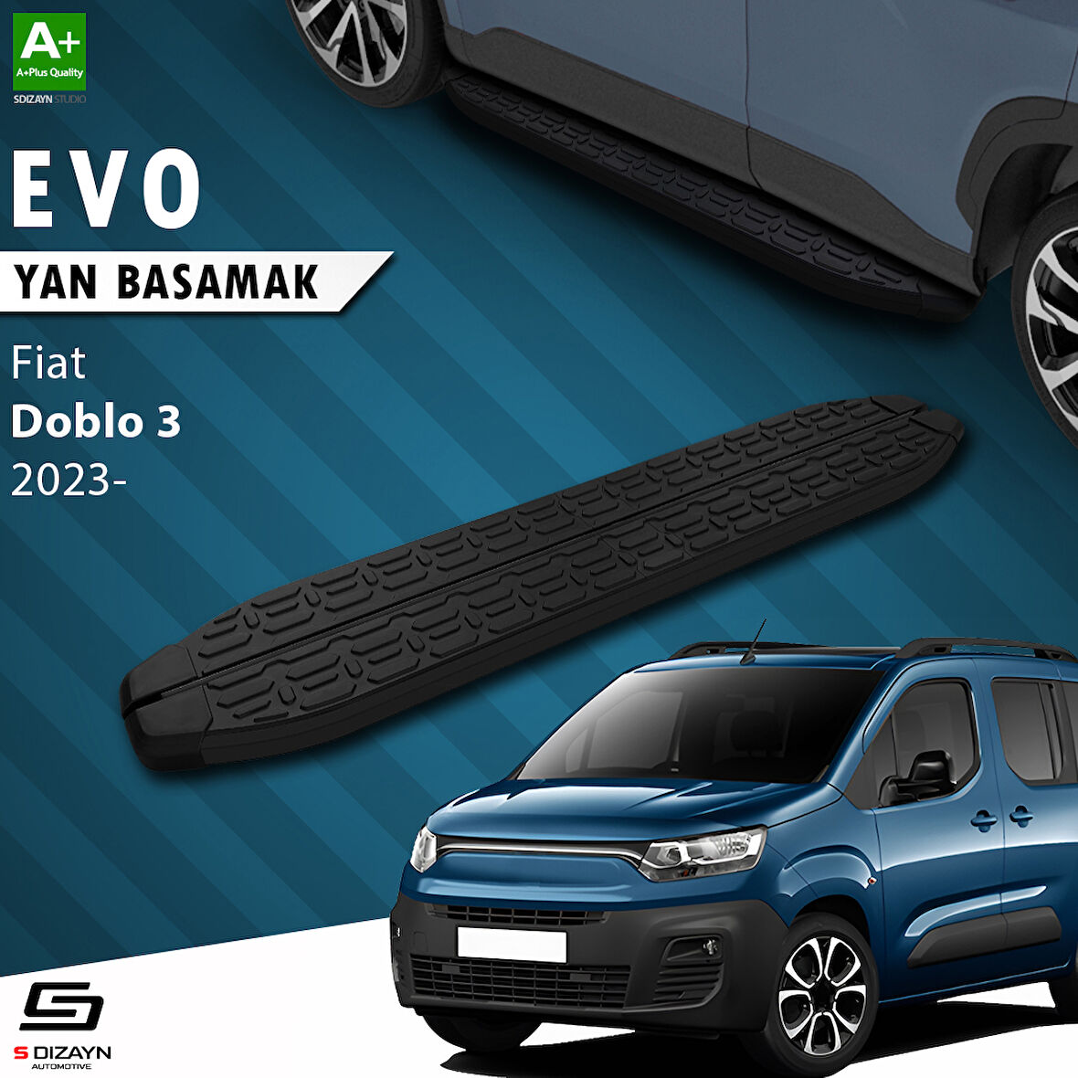 S-Dizayn Fiat Doblo 3 Uzun Şase Evo Siyah Yan Basamak 213 Cm 2023 Üzeri A+ Kalite