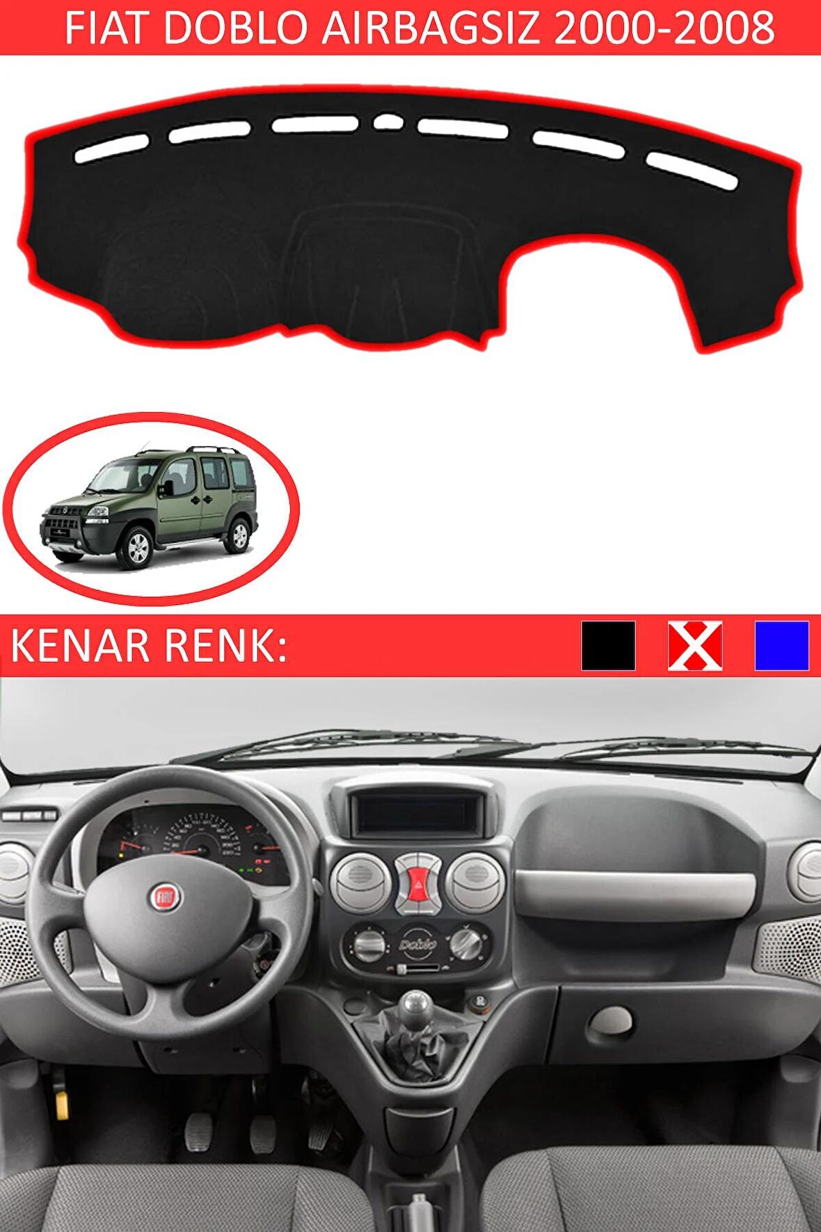 Fiat Doblo D3 2012-2015 İçin Uygun Torpido Koruma Halısı Siyah Kenar Renk Kırmızı