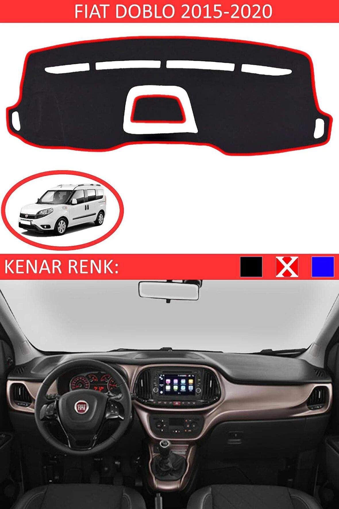 Fiat Doblo D3 2012-2015 İçin Uygun Torpido Koruma Halısı Siyah Kenar Renk Siyah