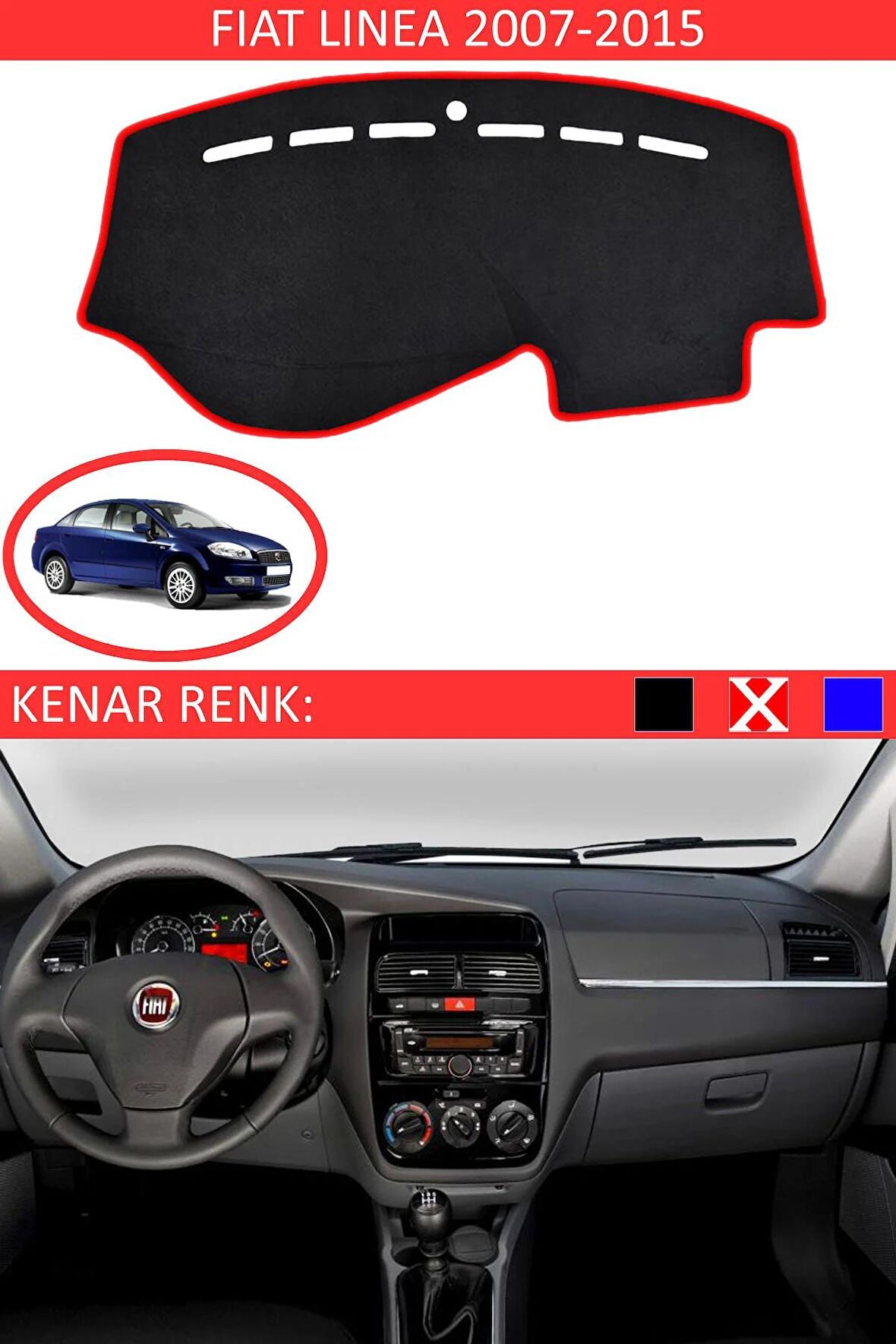 Fiat Punto Grande 2005-2018 İçin Uygun Torpido Koruma Halısı Siyah Kenar Renk Kırmızı