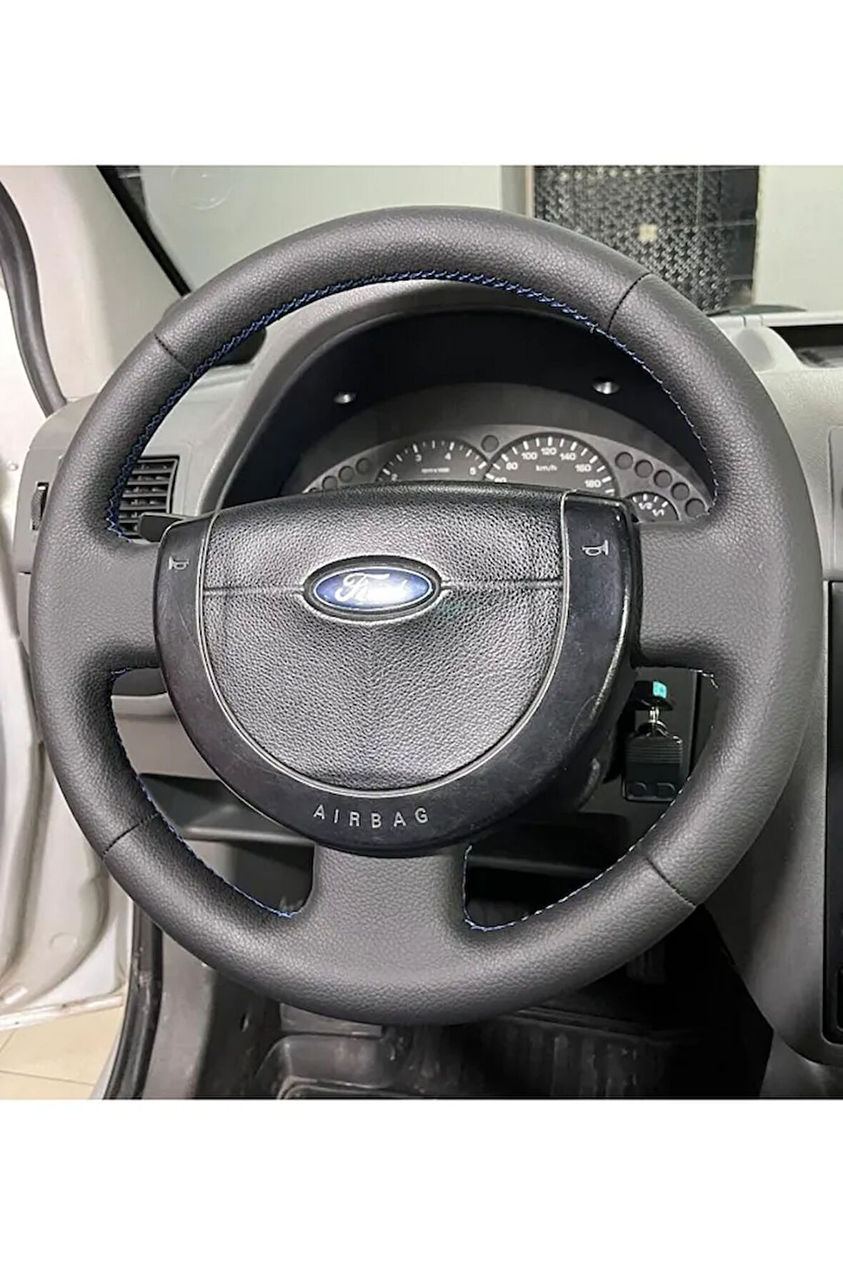 FORD FİESTA (2004) Uyumlu DİREKSİYON KILIFI (MAVİ İPLİ)