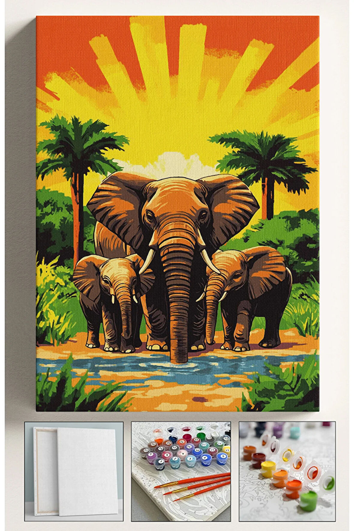 Sayılarla Boyama Hobi Seti Çerçeveli Numaralı Tuval Fırça Boya Dahil Kasnaklı FİL AİLESİ 40x50 Cm