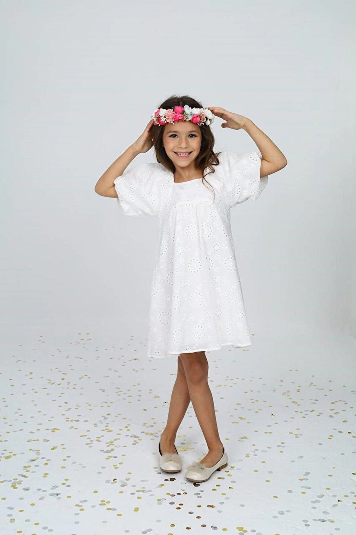 Kız Çocuk Fisto Kumaş  Yazlık Beyaz Elbise