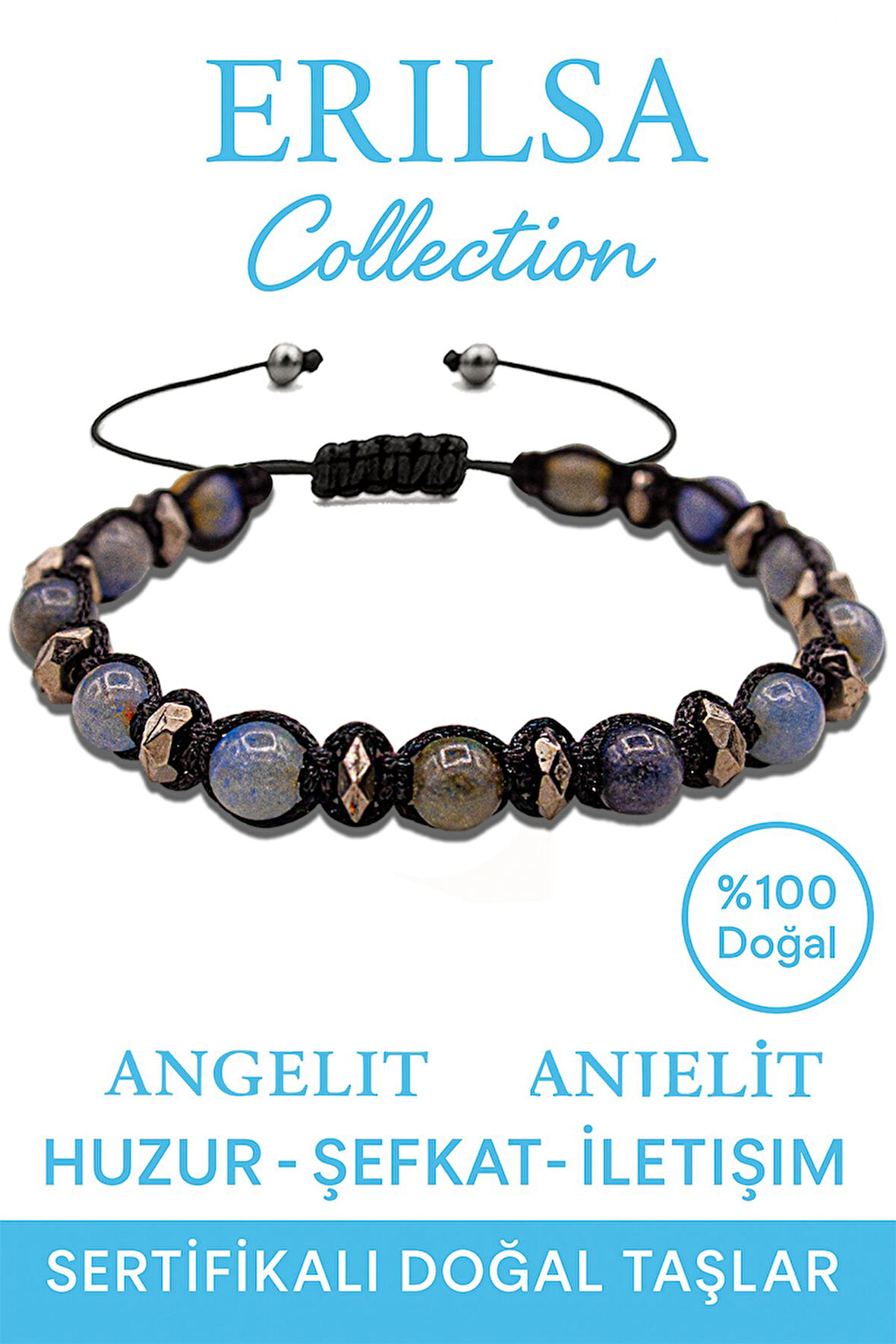 Sertifikalı Makrome Terahertz & Angelit Melek Taşı Bileklik – Ruhsal Huzura Uçun