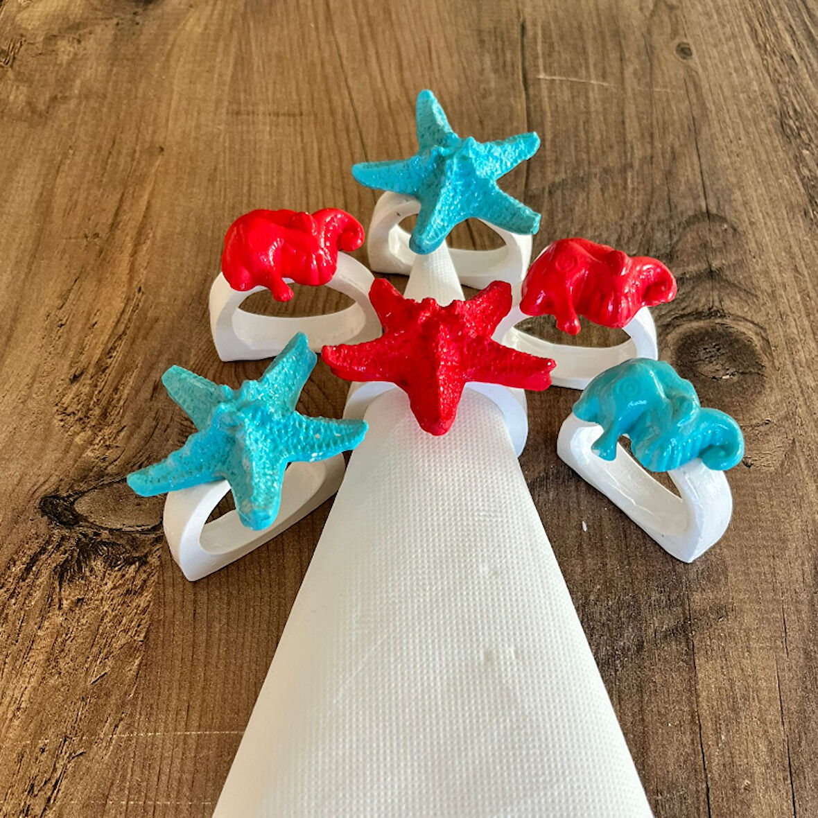 6 Lı Denizatı Ve Denizyıldızı  Dekorlu El Yapımı Peçete Yüzüğü Halkası Sofra Dekoru Marin Temalı  Mutfak Sunum Dekoru