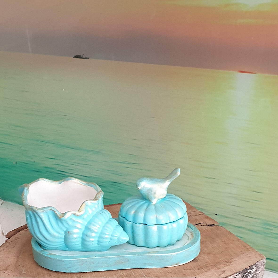 Kuşlu Ve Deniz Kabuğu Şeklinde 3 Lü Set Mumluk Sunum Dekor