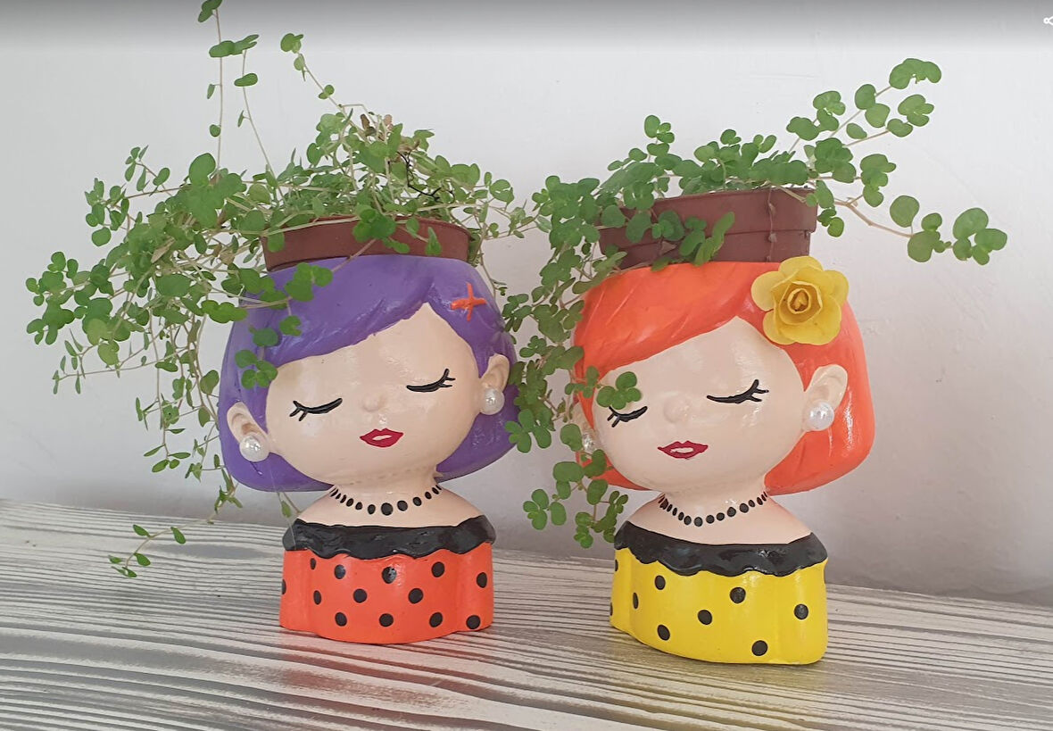 2 Li Mor Turuncu Kız Saksı Mumluk Dekor Seti