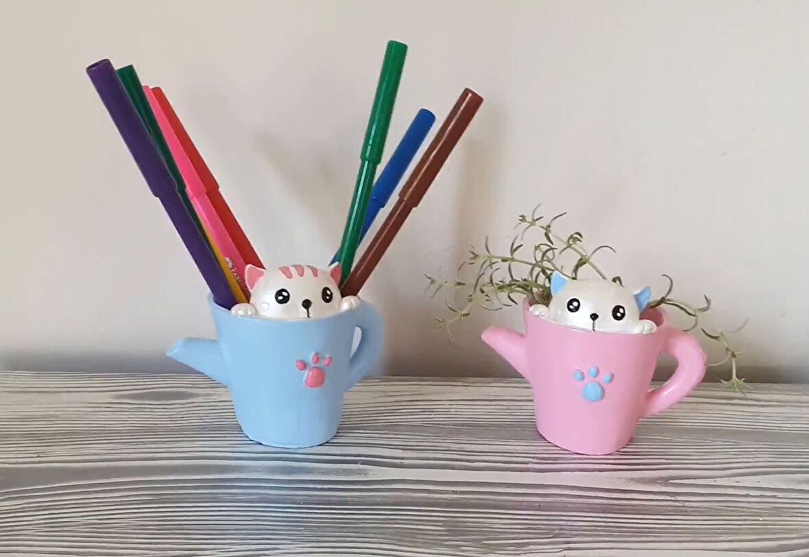 İkili Sevimli Kedicik Saksı Kalemlik