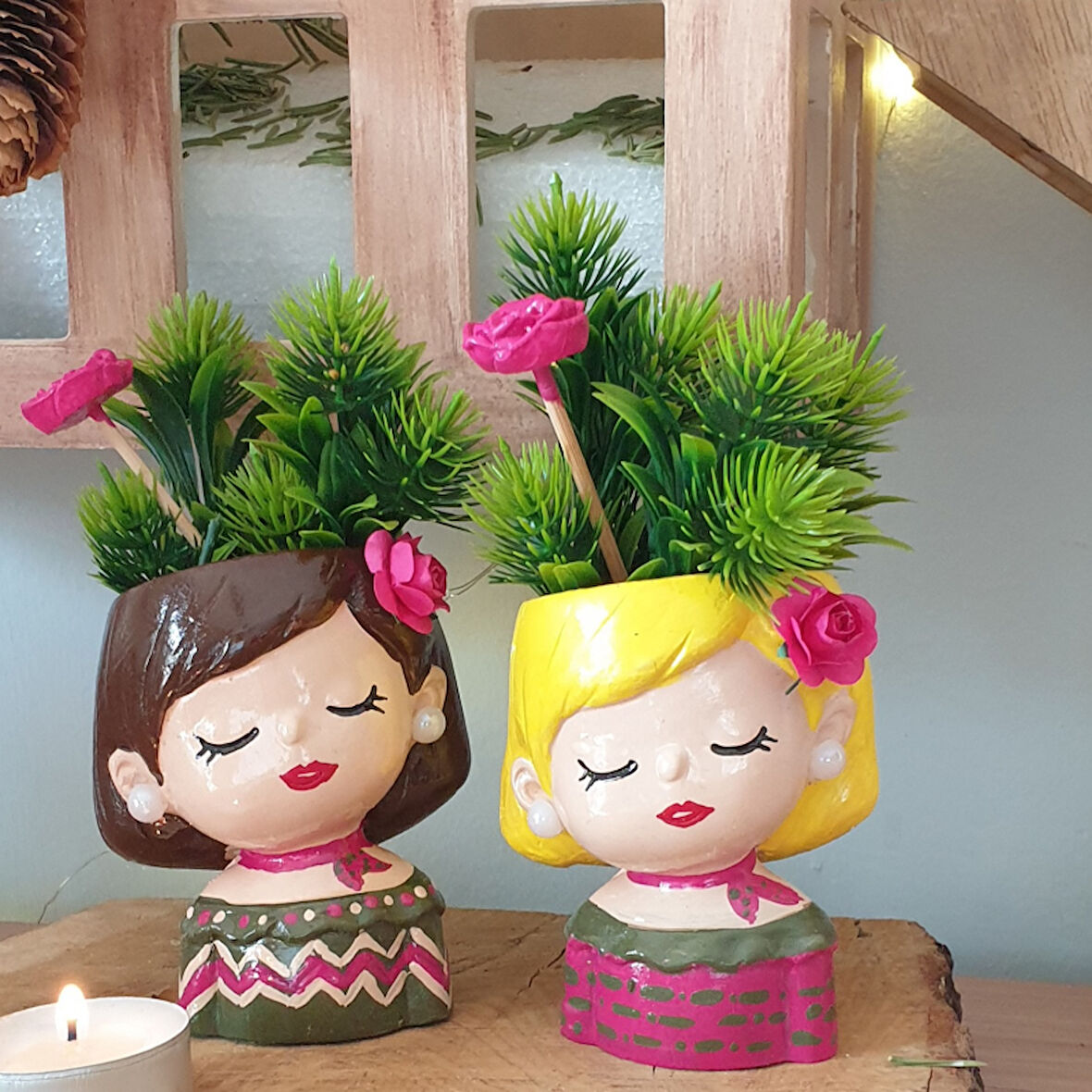Anneler Günü Hediyesi  2 Li  Rengarenk  Kız Saksı Dekor  Mumluk Seti