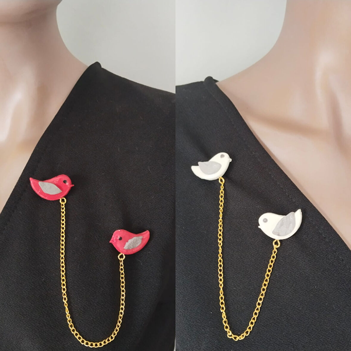 Çift Kuşlu Zincirli Broş Gömlek Yakası Aksesuarı