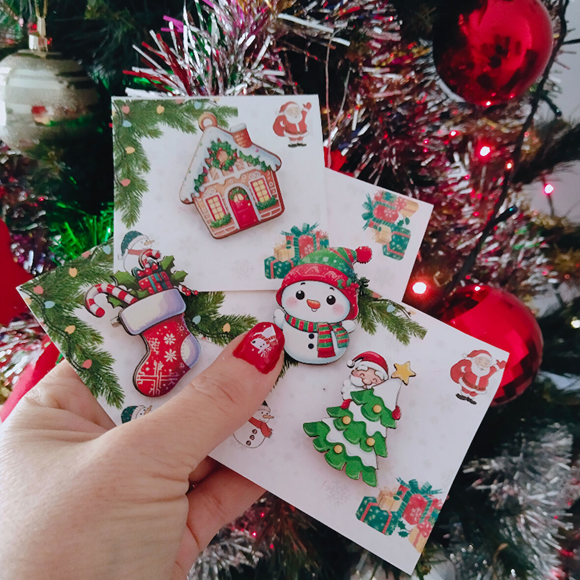 4 Lü Ahşap Yılbaşı Hediyelik Broş Pin