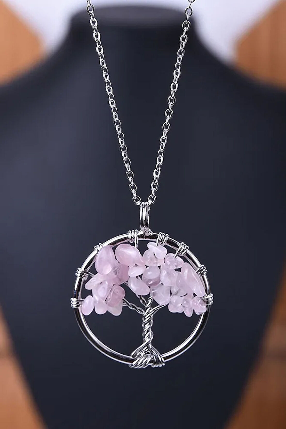 Sertifikalı Pembe Kuvars Taşı Hayat Ağacı Kolye