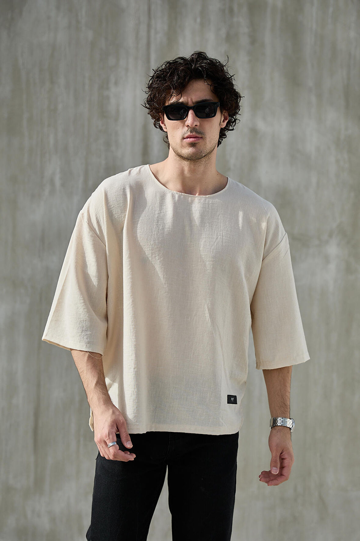 Erkek Kısa Fakir Kol Oversize T-shirt Bisiklet Yaka
