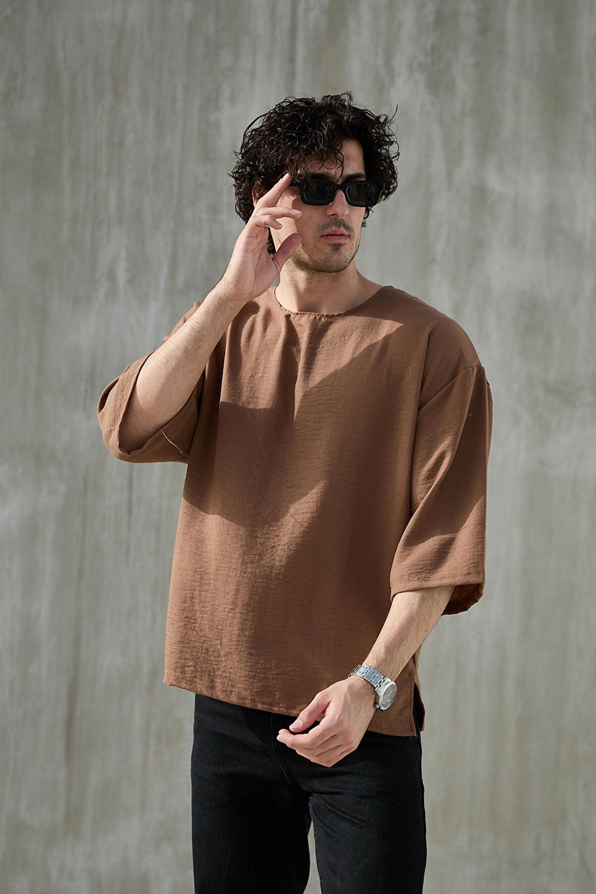Erkek Kısa Fakir Kol Oversize T-shirt Bisiklet Yaka