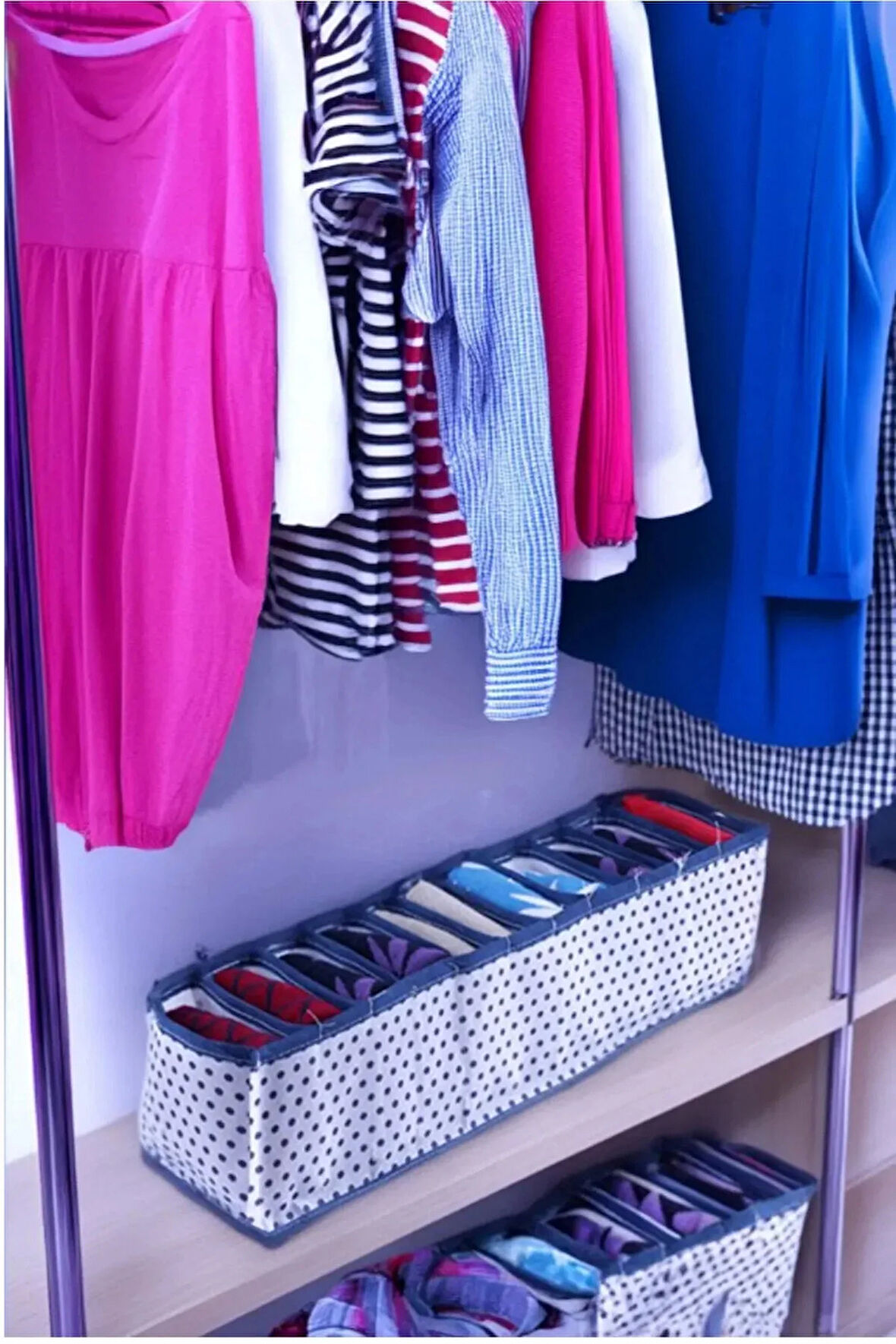 1 Adet Çekmece Içi Akordiyon Bölmeli Organizer, Puantiyeli Mavi Beyaz  11 Gözlü Kumaş Katlanabilir