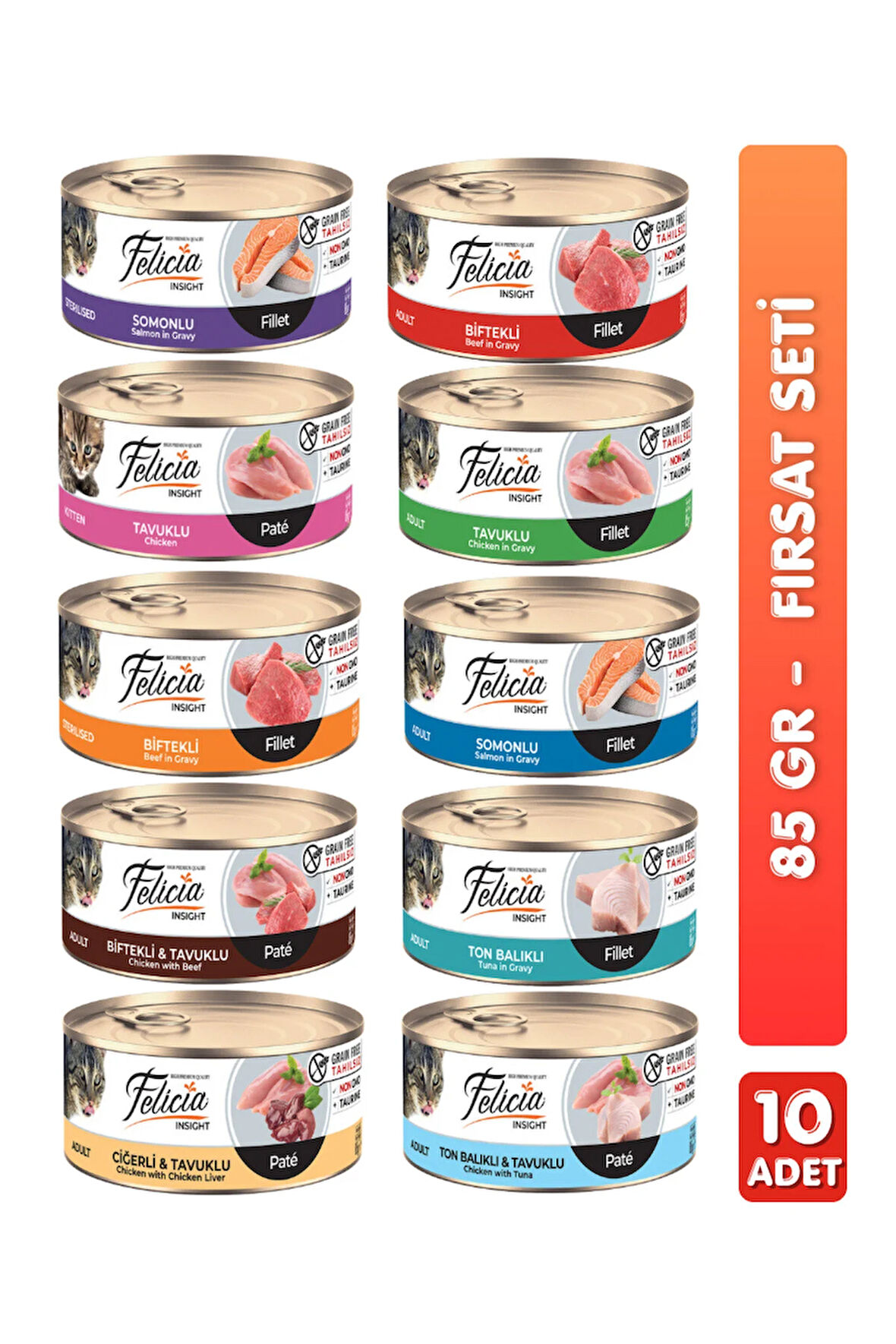 10'lu Tahılsız Premium Karışık Aromalı Kedi Konserve Maması Kedi Yaş Maması 85gr x 10 Adet