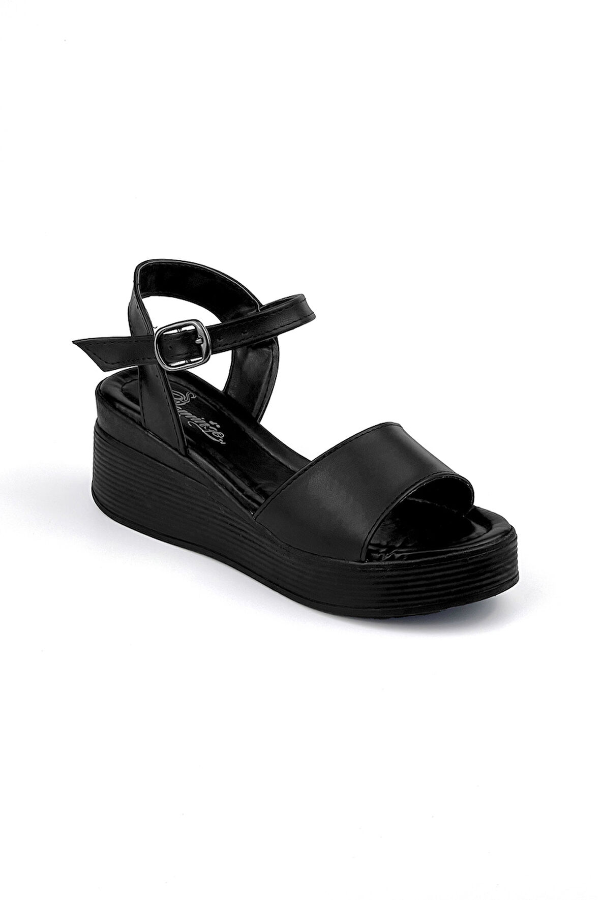Kadın Siyah Tokalı Dolgu Topuklu Sandalet 6 Cm Rahat Yüksek Topuklu