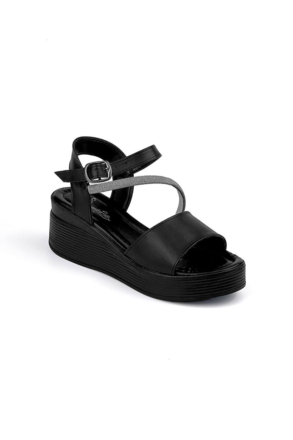 Kadın Siyah Tokalı Taşlı Dolgu Topuklu Sandalet 6 Cm Rahat Yüksek Topuklu