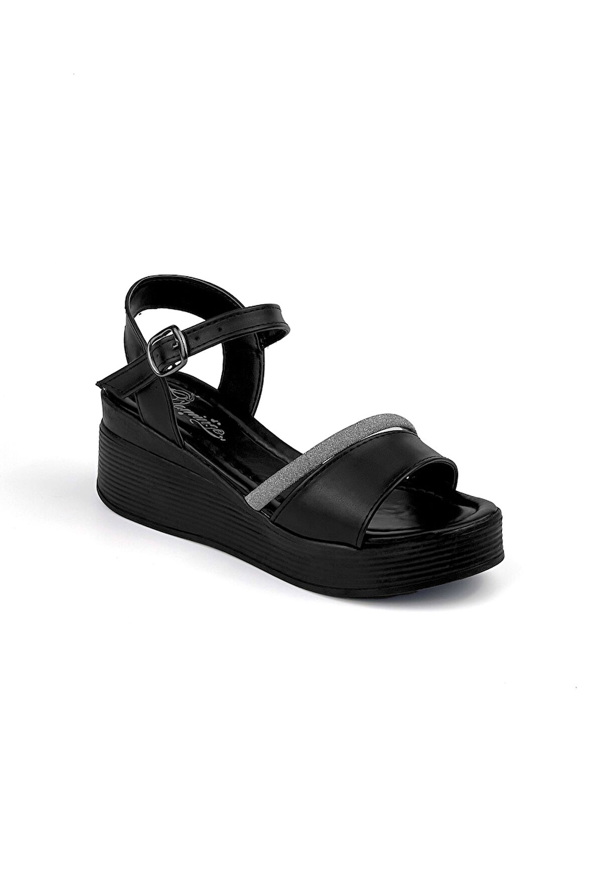 Kadın Siyah Tokalı Taşlı Dolgu Topuklu Sandalet 6 Cm Rahat Yüksek Topuklu
