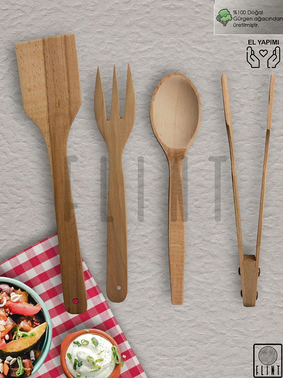 Gürgen ahşap tahta kaşık çatal spatula maşa 4'lü set yemek servis seti mutfak seti