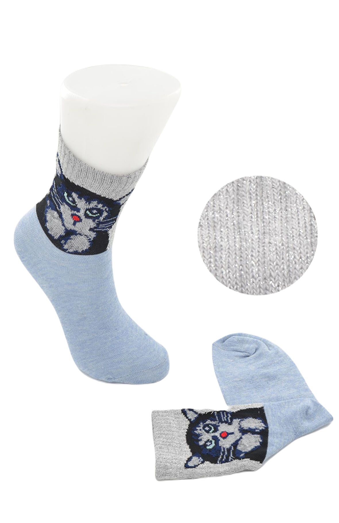 Flora Kadın Simli Kedi Desenli Soket Çorap