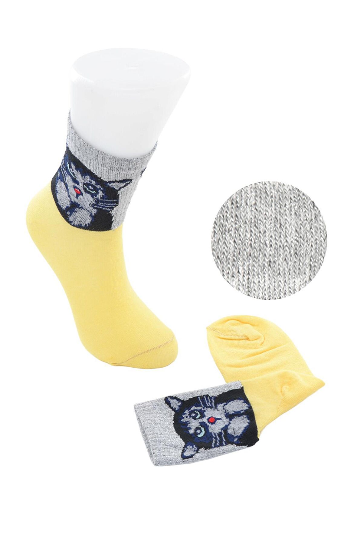 Flora Kadın Simli Kedi Desenli Soket Çorap