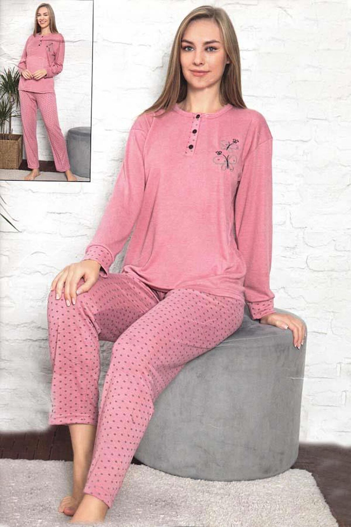 Fawn Kadın Kelebek Baskı 3 Düğme Uzun Kol Pijama Takımı (6804)